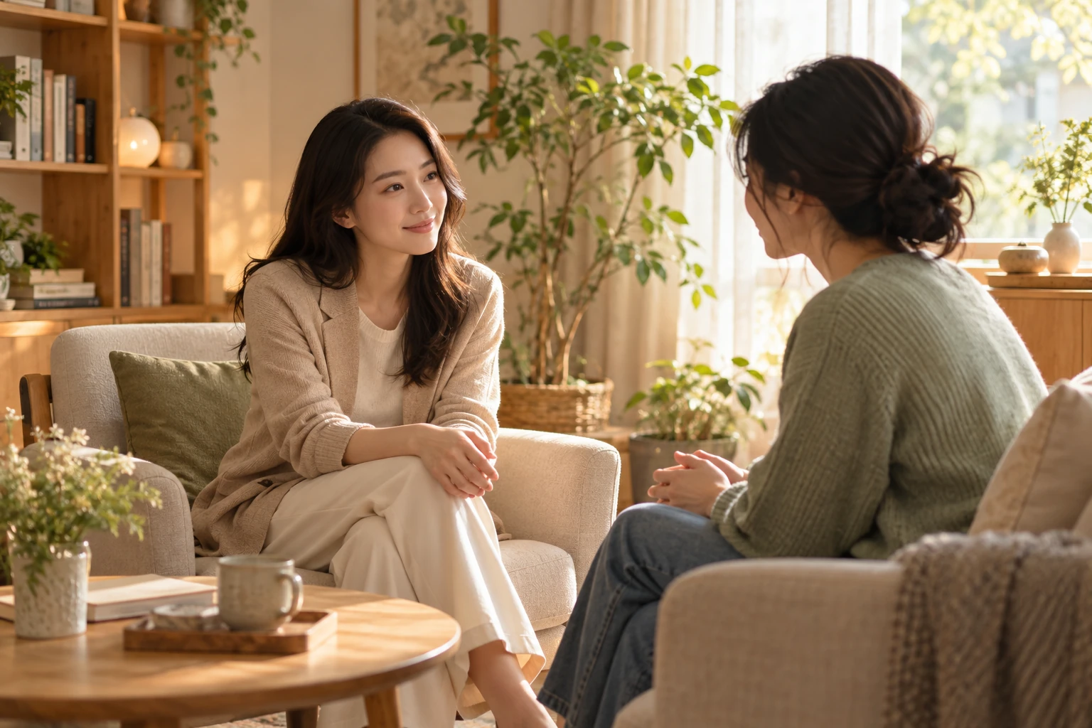 明亮而安静的咨询室里，两位女性平等地交谈